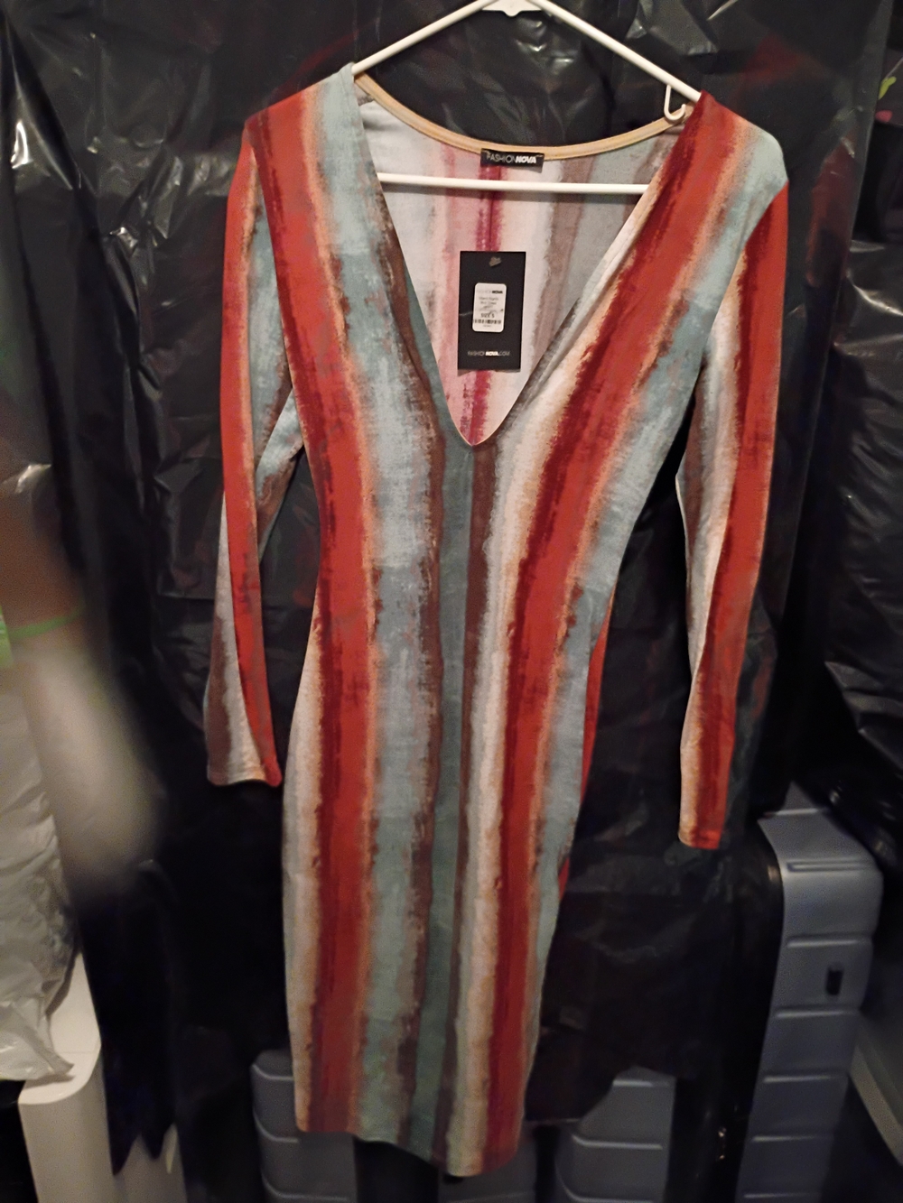 River Island Striped V-Neck Long Sleeve Midi Dress - Rust & Light Blue & Gray
